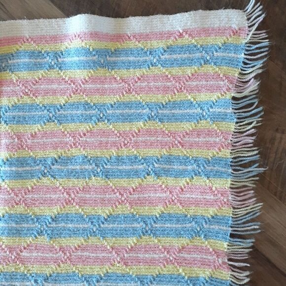 Beautiful pink, blue, yellow, and white 36" X 32" fringed blanket - Picture 5 of 6